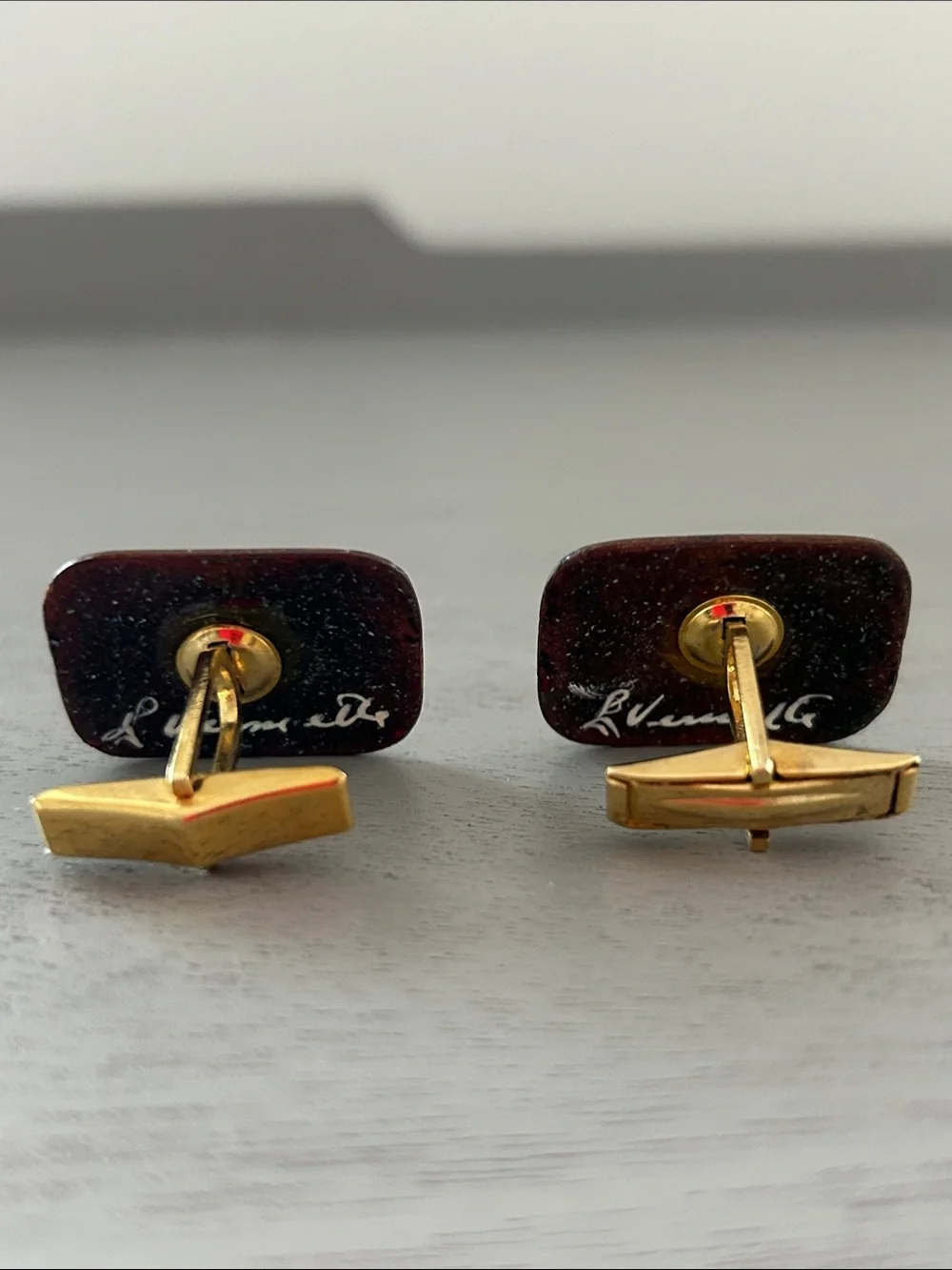 Vintage Mid Century Enamel Red Rectangular Cuff Links, Signed
